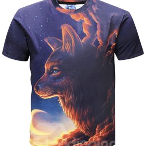 Round Neck Men 3D Graphic Moon And Wolf Print Short Sleeve Tee Tops T-Shirt