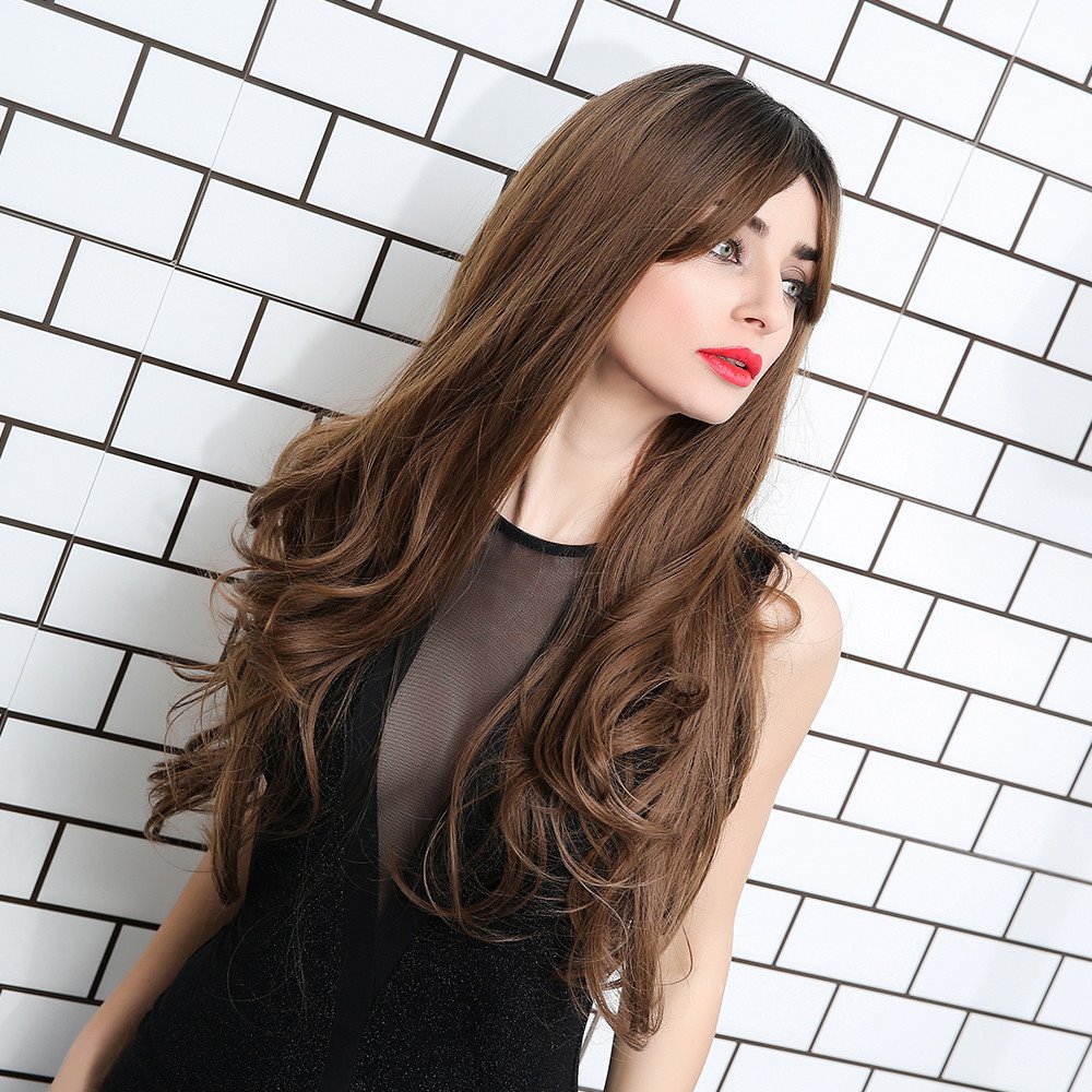 Big Curly Capless Women Synthetic Hair 130% 24 Inches Wigs Heat Resistant Natural Looking Daily Party Wigs Cosplay Wigs with Natural Bangs with Free Wig Cap