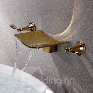Country Golden Double Handles Widespread Waterfall Wall Mount Bathroom Sink Faucet