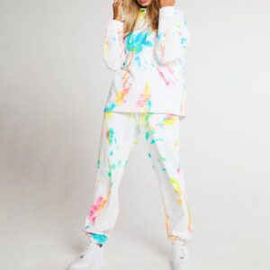 White Casual Dye Color Block Sweatsuit Long Sleeve Hooded Sweatshirt Drawsting Pants Pullover Hoodie Women's Two Piece Sets