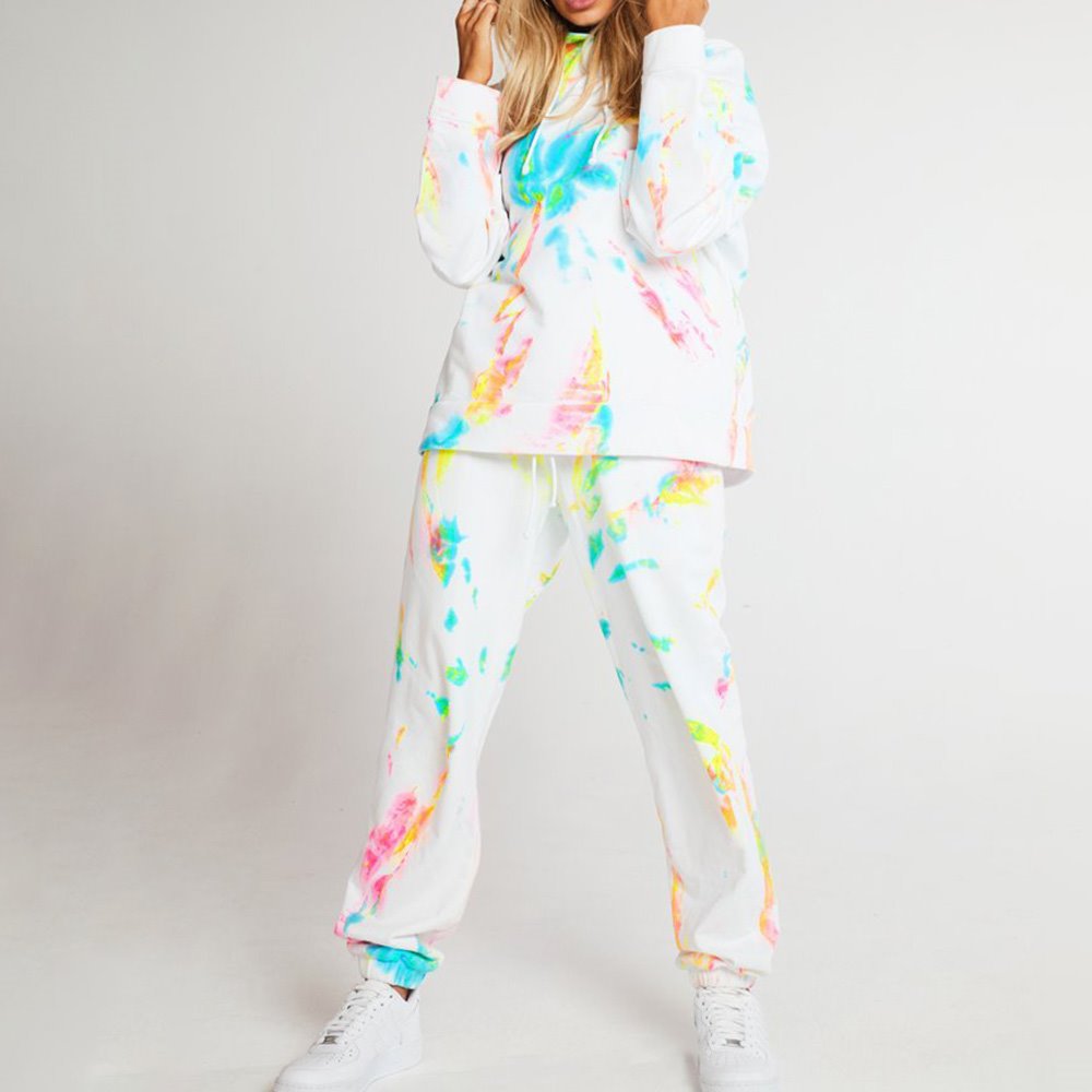 White Casual Dye Color Block Sweatsuit Long Sleeve Hooded Sweatshirt Drawsting Pants Pullover Hoodie Women's Two Piece Sets - Image 5