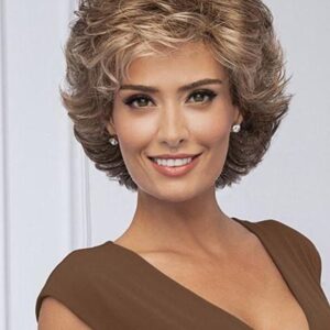 Capless Women Synthetic Hair Wavy 120% 10 Inches Wigs Heat Resistant Natural Looking Daily Party Wigs Cosplay Wigs with Natural Bangs with Free Wig Cap