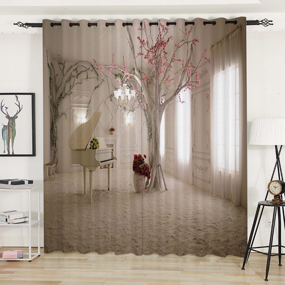 3D Printed Modern White Piano and Tree Blackout Scenery Curtains Custom 2 Panels Drapes for Living Room Bedroom No Pilling No Fading No off-lining Polyester - Image 7