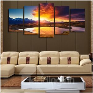 Lake and Mountains in Sunset Hanging 5-Piece Canvas Eco-friendly and Waterproof Non-framed Prints