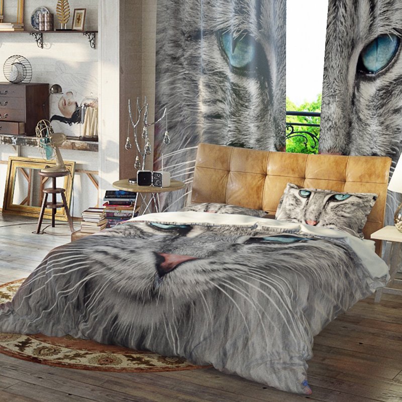 Blue Cat Duvet Cover Set Reactive Printing Three-Piece Set Polyester Bedding Sets - Image 2
