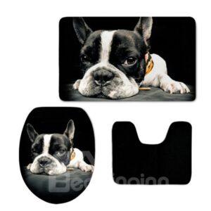 Dog Pattern 3-Piece Flannel PVC Soft Water-Absorption Anti-slid Black Toilet Seat Covers