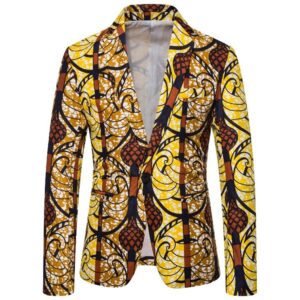 Casual Yellow Men's Suit Jackets Vintage Pattern One Button Notched Lapel Dress Coats Slim Fit Leisure Blazer Suitable for Party Festival Daily