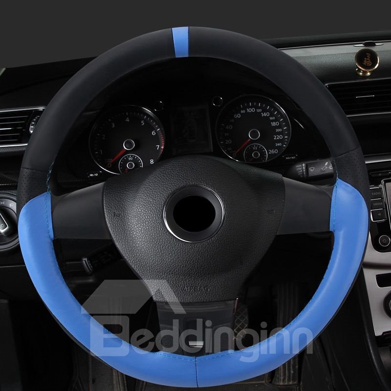 Pure Color Textured Genuine PU Leather Hand-stitched Steering Wheel Cover - Image 6