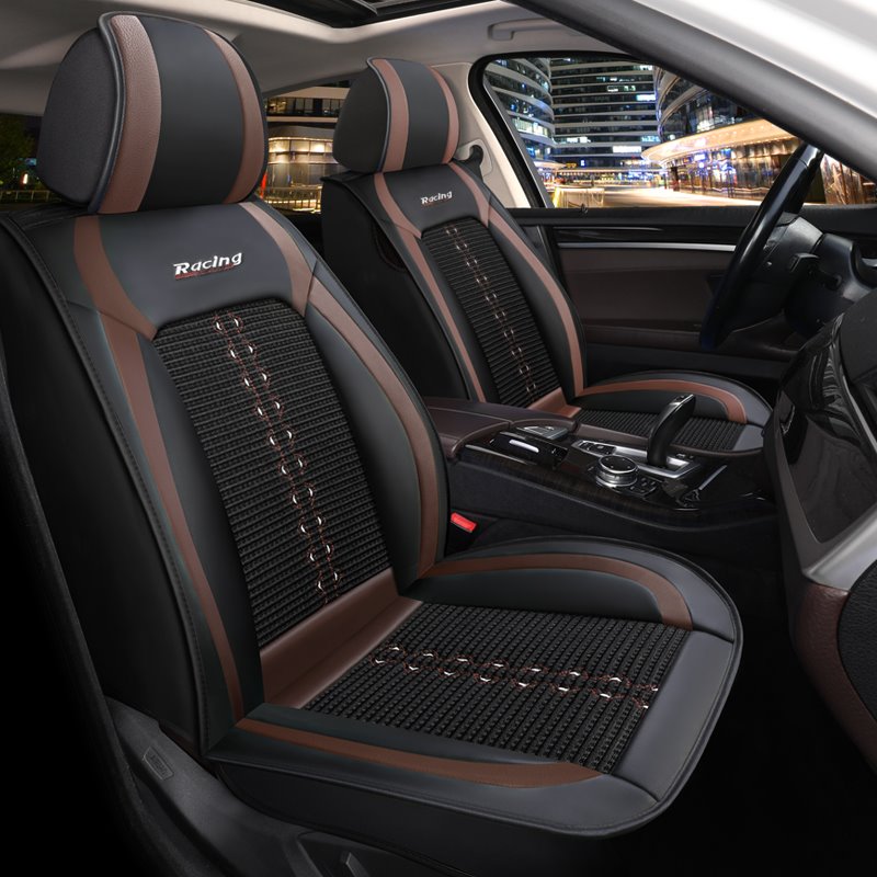 Car Seat Covers Full Coverage Soft Wear-resistant Durable Skin-friendly Man-made PU Leather & Ice Silk Breathable Material Front and Rear Split Bench Protection Airbag Compatible 5-seater Universal Fit Seat Covers for Sedan SUV Truck