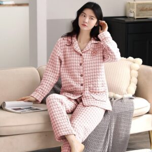 Nap Loungewear All-cotton Interlayer Pajamas Women's Spring Autumn and Winter Long Sleeve Pure Cotton Air Cotton Tthick Large Size Home Suit