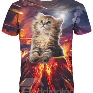 Round Neck Cat in Volcano Pattern 3D Painted T-Shirt