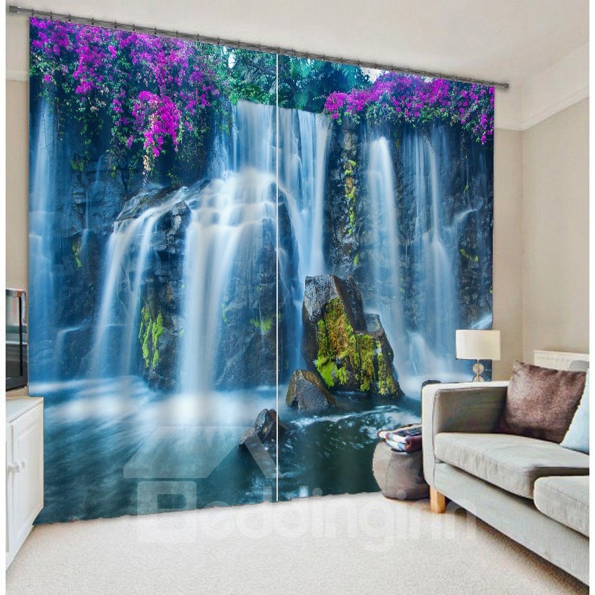 3D Wonderful Waterfalls with Purple Flowers Printed Natural Scenery Custom Curtain for Living Room - Image 6