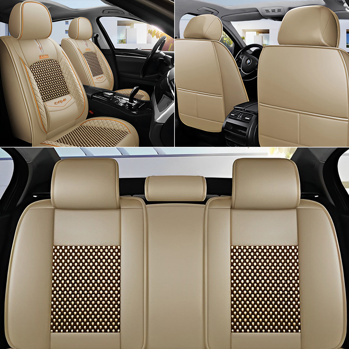 Cooling Fabric and Faux Leather Universal Fit Car Seat Covers with Basketweave Pattern for 5-Seat Sedan SUV - Image 13