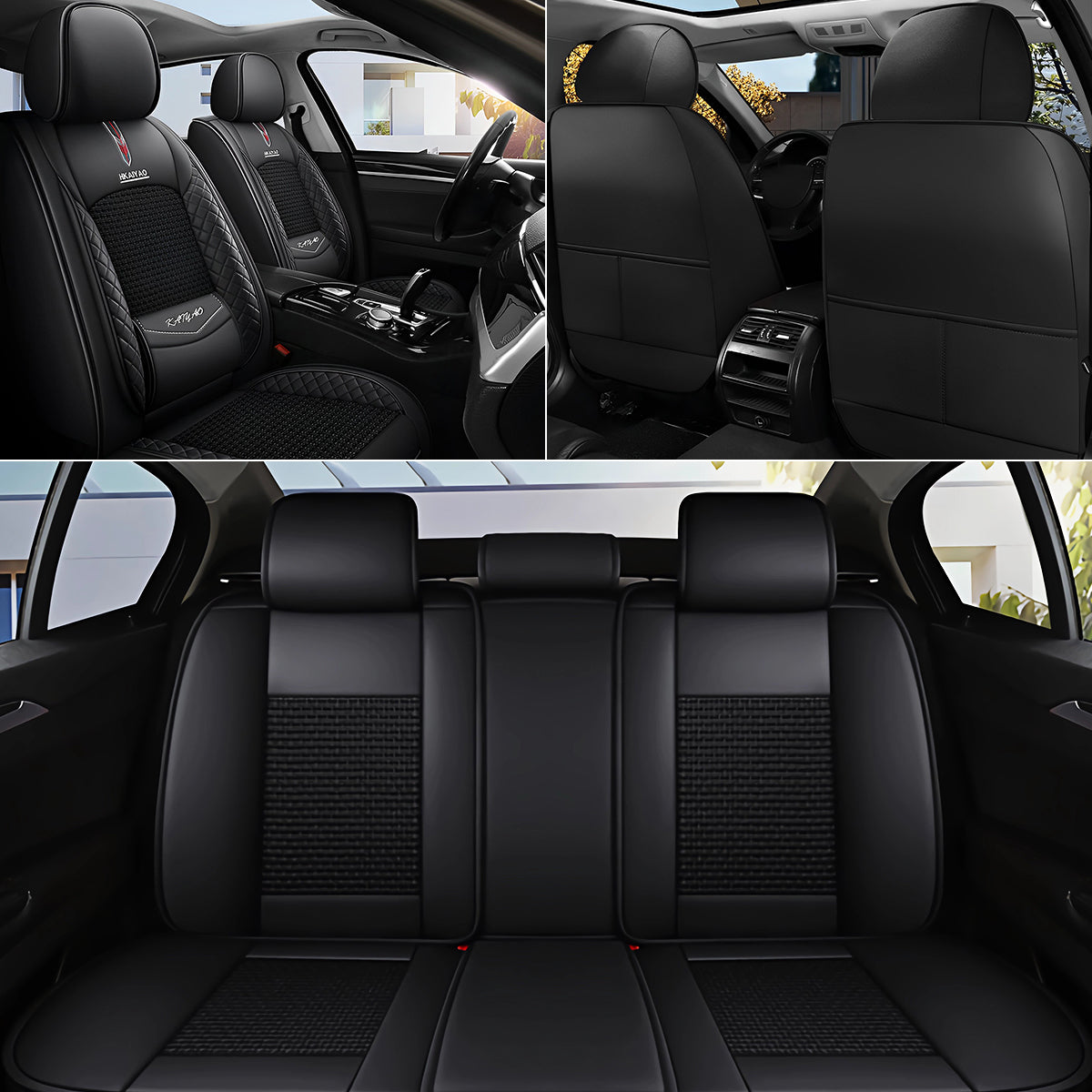 Cooling Fabric and Faux Leather Universal Fit Car Seat Covers with Basketweave Pattern for 5-Seat Sedan SUV - Image 9