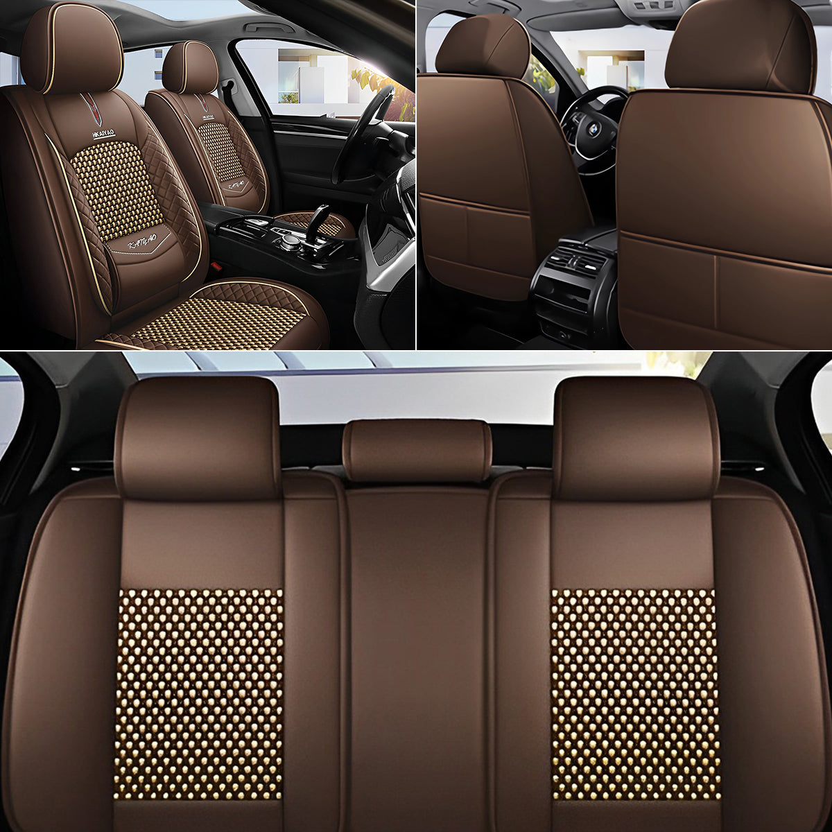 Cooling Fabric and Faux Leather Universal Fit Car Seat Covers with Basketweave Pattern for 5-Seat Sedan SUV - Image 11