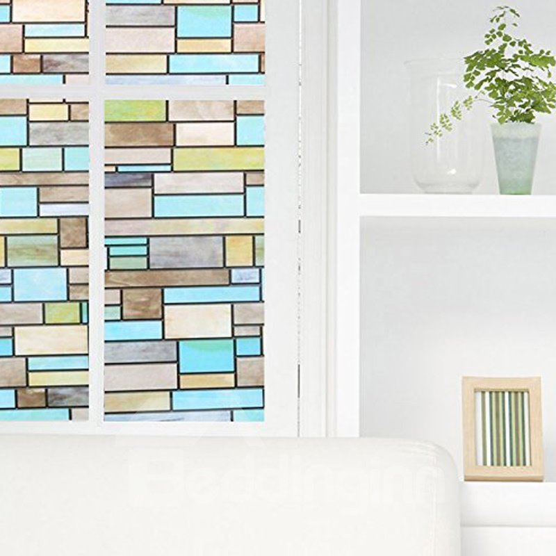 Painting Plaid Window Film Stained Glass No-Glue Self Static Cling for Home