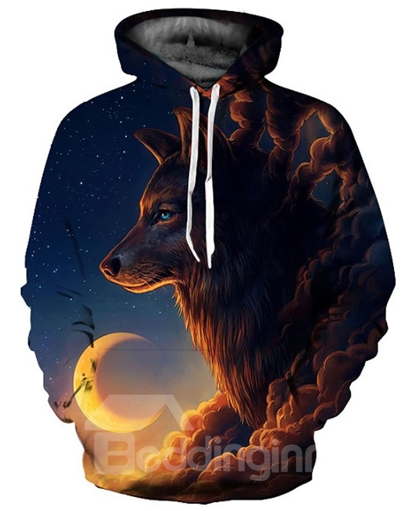 Popular Long Sleeve Wolf Cloud with Moon Pattern 3D Painted Hoodie - Image 8