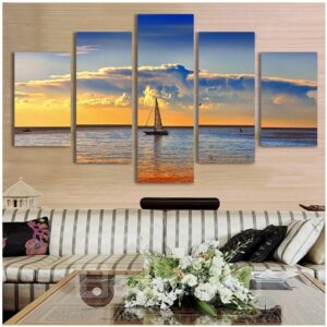 Sailboat on The Sea Hanging 5-Piece Natural Style Canvas Non-framed Wall Prints