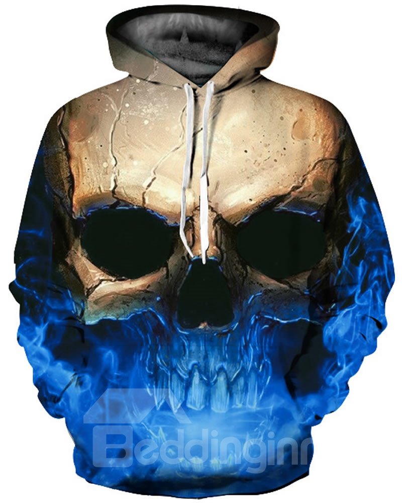 Unique Long Sleeve Skull Blue Color Pattern 3D Painted Hoodie - Image 4