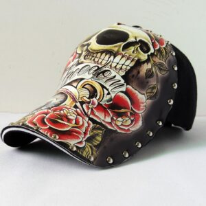 3D Rose and Skull Printed Baseball Cap Punk Rock Rivet Hip Hop Hat Adjustable Snapback Breathable Trucker Hat
