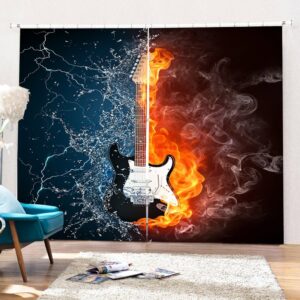 Black 3D Printed Curtains Guitar Fire Blackout Curtains Custom 2 Panels Drapes for Living Room Bedroom No Pilling No Fading No off-lining Polyester