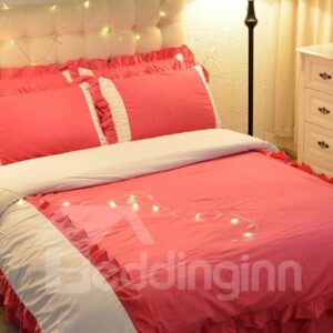 Red And White Korean Style For Little Girl Cotton 4-Piece Bedding Sets/Duvet Cover