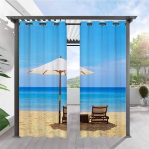 Modern Blue 3D Scenery Outdoor Curtains Cozy Seaside Time Cabana Grommet Top Curtain Waterproof Sun-proof Heat-insulating 2 Panels
