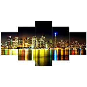 Buildings and Lake in City Night Hanging 5-Piece Canvas Waterproof Non-framed Prints