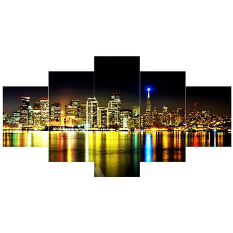 Buildings and Lake in City Night Hanging 5-Piece Canvas Waterproof Non-framed Prints
