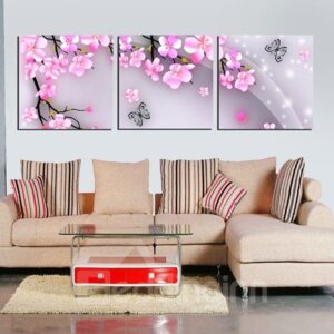Lovely Little Pink Flowers and Butterfly 3-Panel Canvas Art Deco Posters Prints