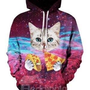 Lovely Long Sleeve Cat Eat Pizza Pattern 3D Painted Hoodie