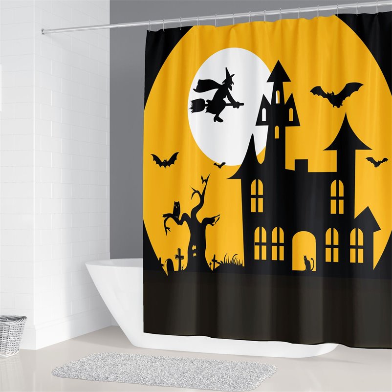 3D Shower Curtain Happy Halloween Witch Castle Moon Bat Bathroom Shower Curtains with Hooks for Halloween Decoration Waterproof Mouldproof - Image 2