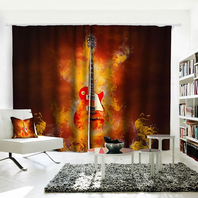 3D Shading Cloth Blackout Curtains Musical Instruments Guitar in Flame Printed Water-proof and Dust-proof Custom Curtain for Living Room Bedroom Window Decoration - Image 4