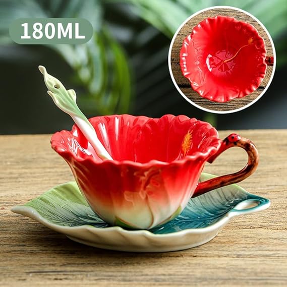 Hibiscus Flower Tea Cup and Saucer Set 6 Oz, Enamel Flower Porcelain Coffee Cup Saucer Set with Spoon for Women, Hand Crafted Tea Set - Image 3