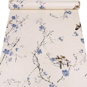 Taogift Peel and Stick Vintage Floral Birds Contact Paper Wallpaper Self Adhesive Shelf Drawer Liner Dresser Decor Sticker (Blue, 17.7x117 Inches)