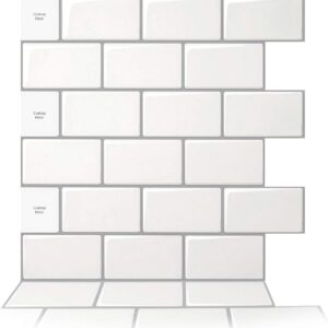 Art3d 10-Sheet Peel and Stick Backsplash, 12 in. x 12 in. Subway 3D Wall Panels, Mono White with Gray Grout