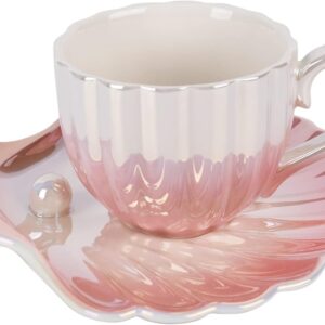 Gradient Color Ceramic Coffee Mug with Saucer, Glossy Pearl Shell Style Tea Cup 6.5 Oz for Tea Latte Milk