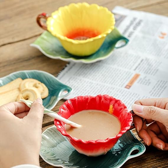 Hibiscus Flower Tea Cup and Saucer Set 6 Oz, Enamel Flower Porcelain Coffee Cup Saucer Set with Spoon for Women, Hand Crafted Tea Set - Image 4