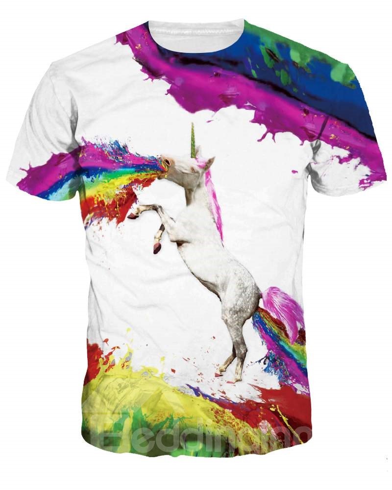 Fashion Round Neck Unicorn Colorful Pattern 3D Painted T-Shirt - Image 4