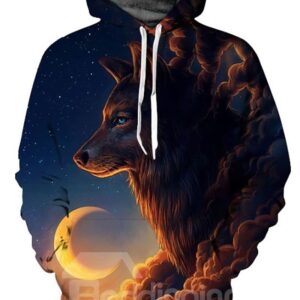 Popular Long Sleeve Wolf Cloud with Moon Pattern 3D Painted Hoodie