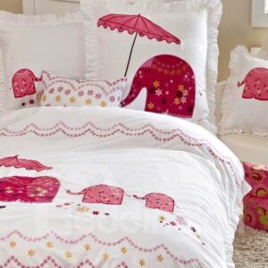 Pink Elephant with Umbrella 3-Piece Cotton Duvet Cover Sets