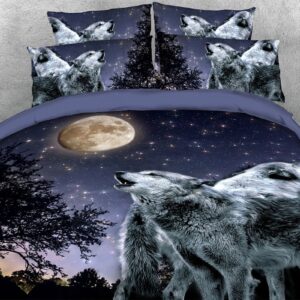 Moon Night and Wolf 5 Piece 3D Comforter Set Ultra Soft with Zipper Closure and Corner Ties 2 Pillowcases 1 Flat Sheet 1 Duvet Cover 1 Comforter Soft Skin-friendly Microfiber
