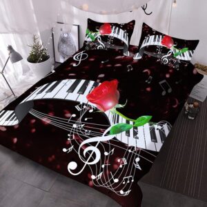 3D Black and White Piano Keys and Red Rose 3-Piece Comforter Set/Bedding Set Microfiber