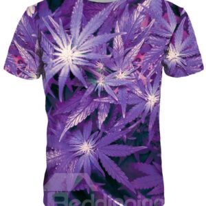 Unisex Leaf Crewneck Short Sleeve Purple 3D Pattern T-Shirt