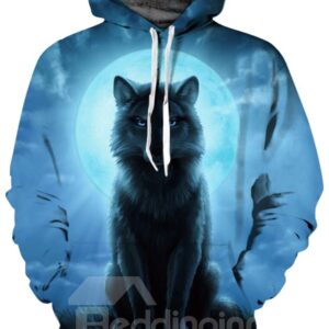 Special Long Sleeve Wolf Full Moon Pattern 3D Painted Hoodie
