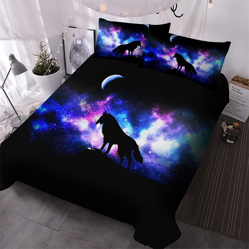 3 Piece Wolf Comforter Set 3D Printed Wolf in Galaxy Bedding Ultra-soft Microfiber No-fading Queen King Size 1 Comforter 2 Pillowcases
