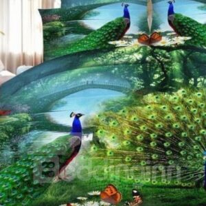 Forest Green Peacock 4Pcs Full Size 3D Duvet Cover Set with Zipper Closure