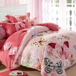 US Only Butterflies Flying with Flowers 4-Piece Bedding Set/Duvet Cover Set Cotton Pink