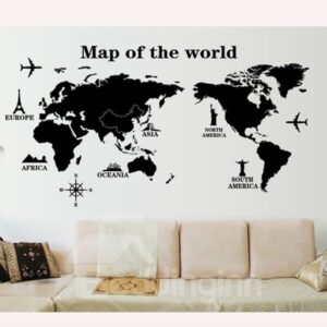 Decorative Black Map of the World Pattern Wall Sticker