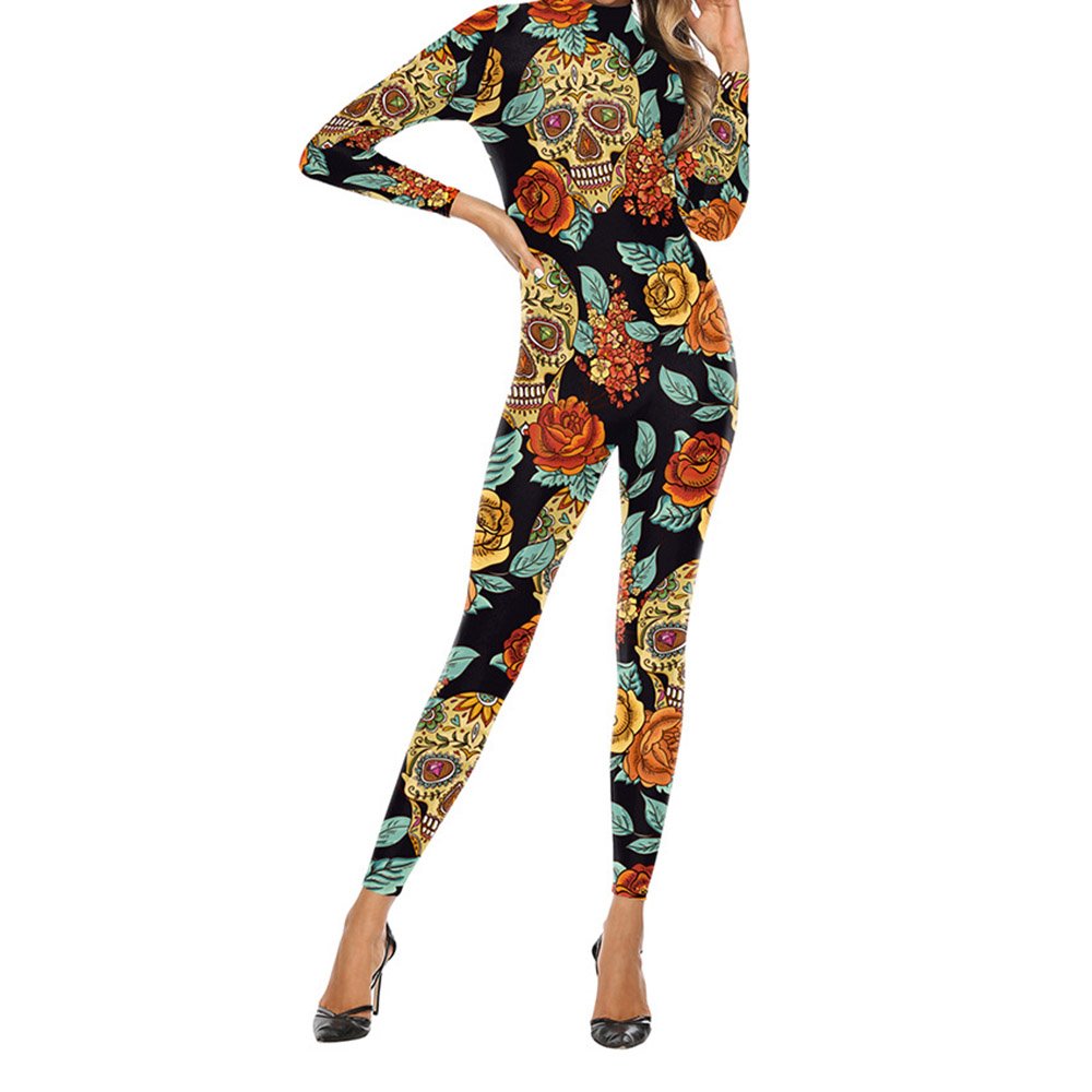 3D Halloween Skull Rose Printed Cosplay Theme Party Jumpsuit Spring Fall Costumes for Women - Image 4